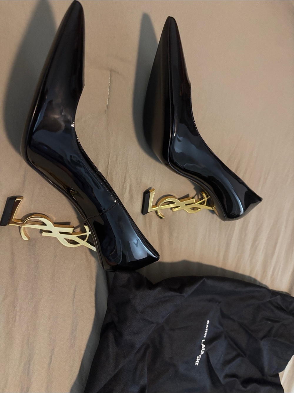 Saint Laurent Black Patent Pumps with Gold YSL Logo Heels - Picture 1 of 7